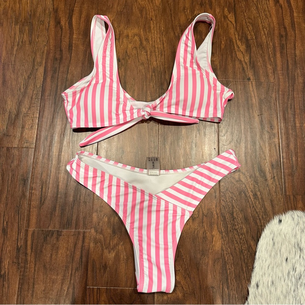 Zaful Pink and White Striped Bikini Set